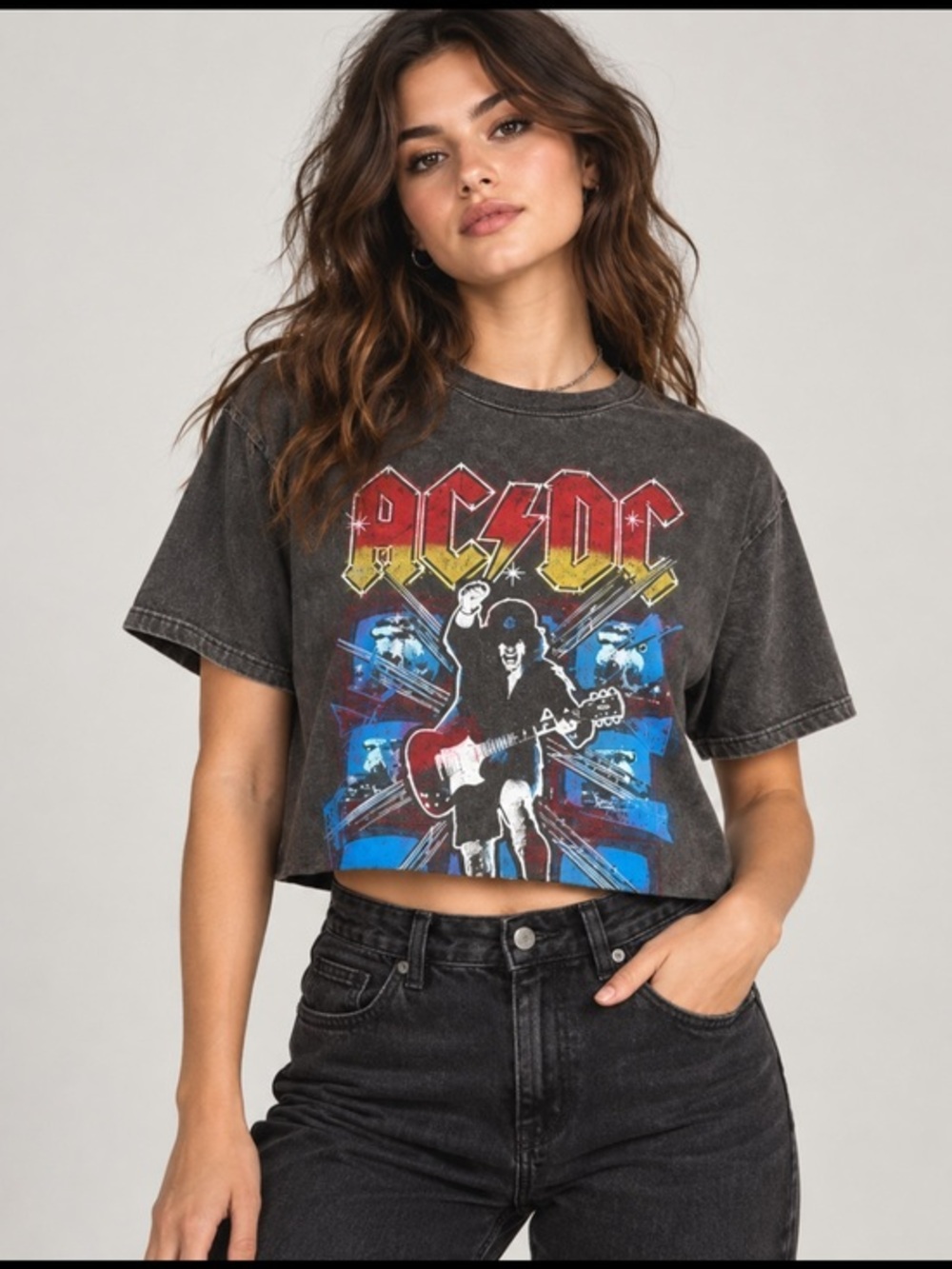 NWT Forever 21 AC/DC Cropped Graphic Tee Shirt Size M/L